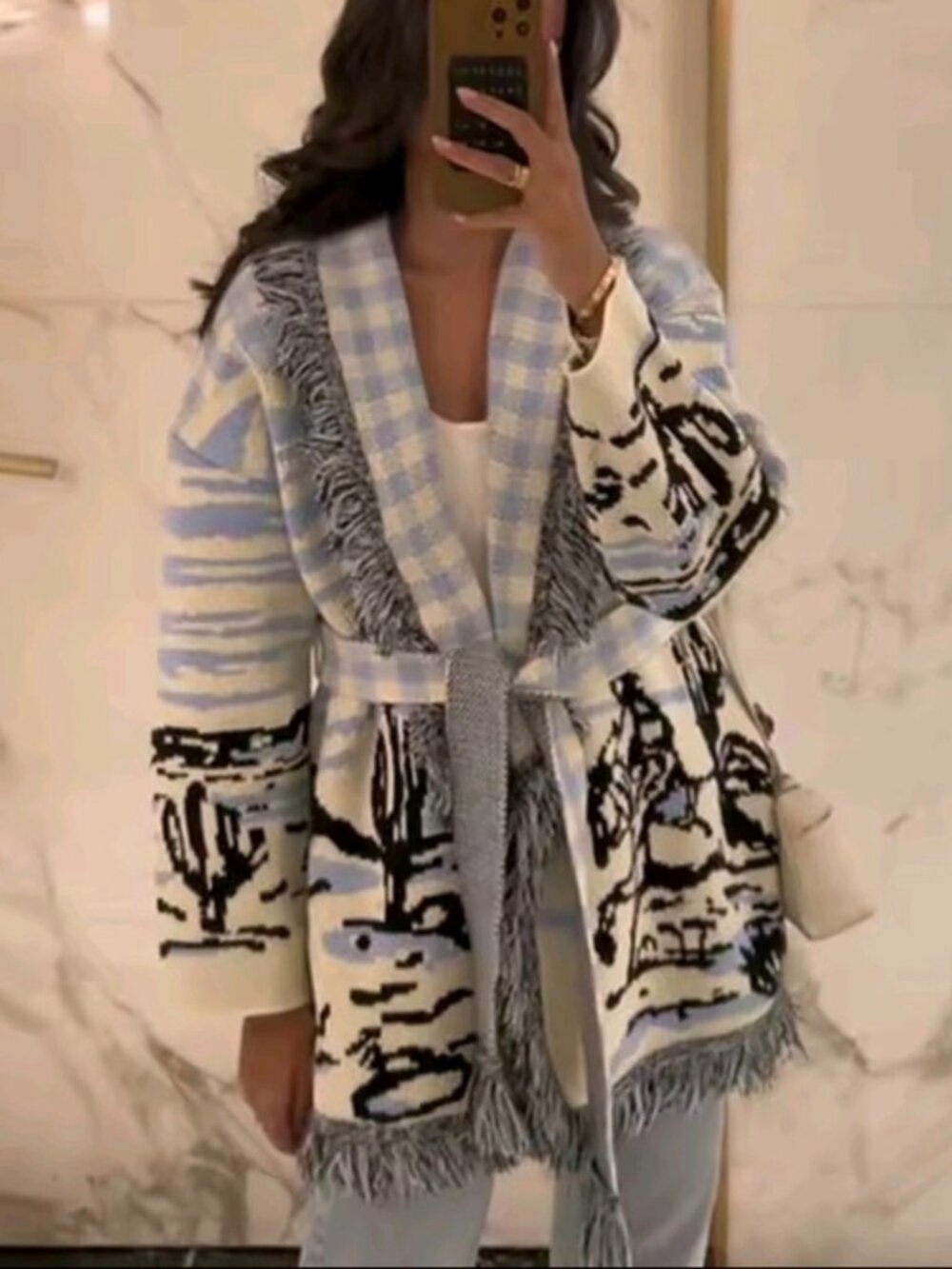 Vintage Jacquard Print Knit Fringe Cardigan Women Lapel Lace Up Loose Long - Picture 3 of 10